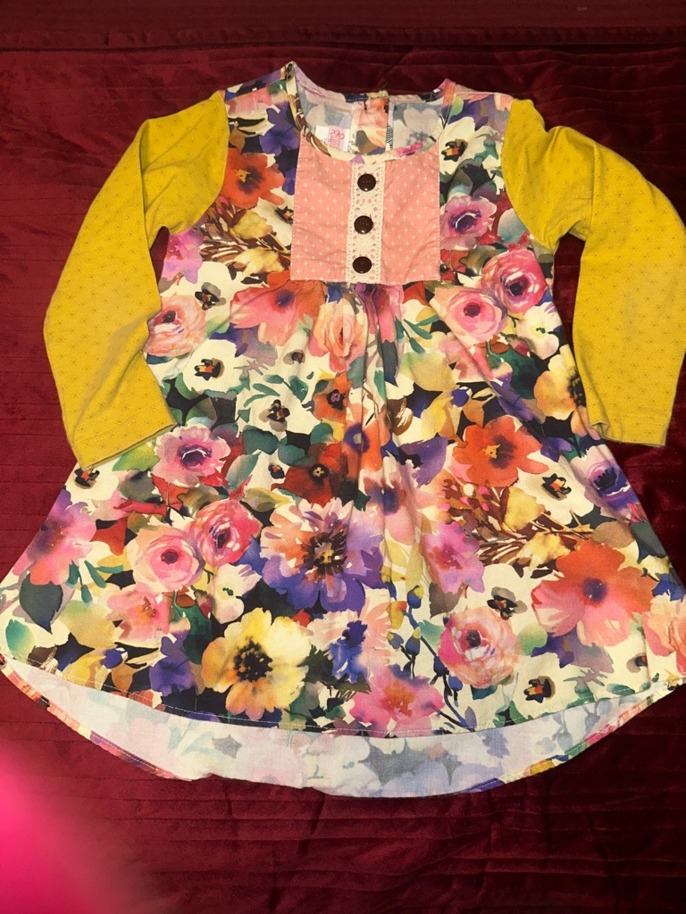 Ricrac & Ruffles Girls Floral Knit Dress with Mustard Sleeves size 6